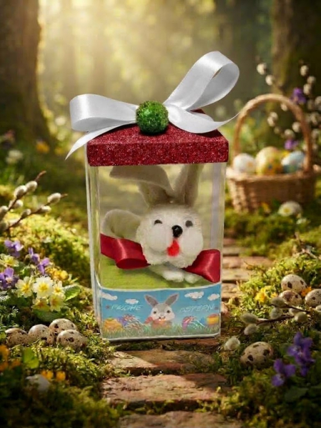 Oster-Gastgeschenk für Mitarbeiter & Lieferanten – Handgemachter Seifenhandtuch-Hase in Klarsichtbox (Eigene Herstellung)